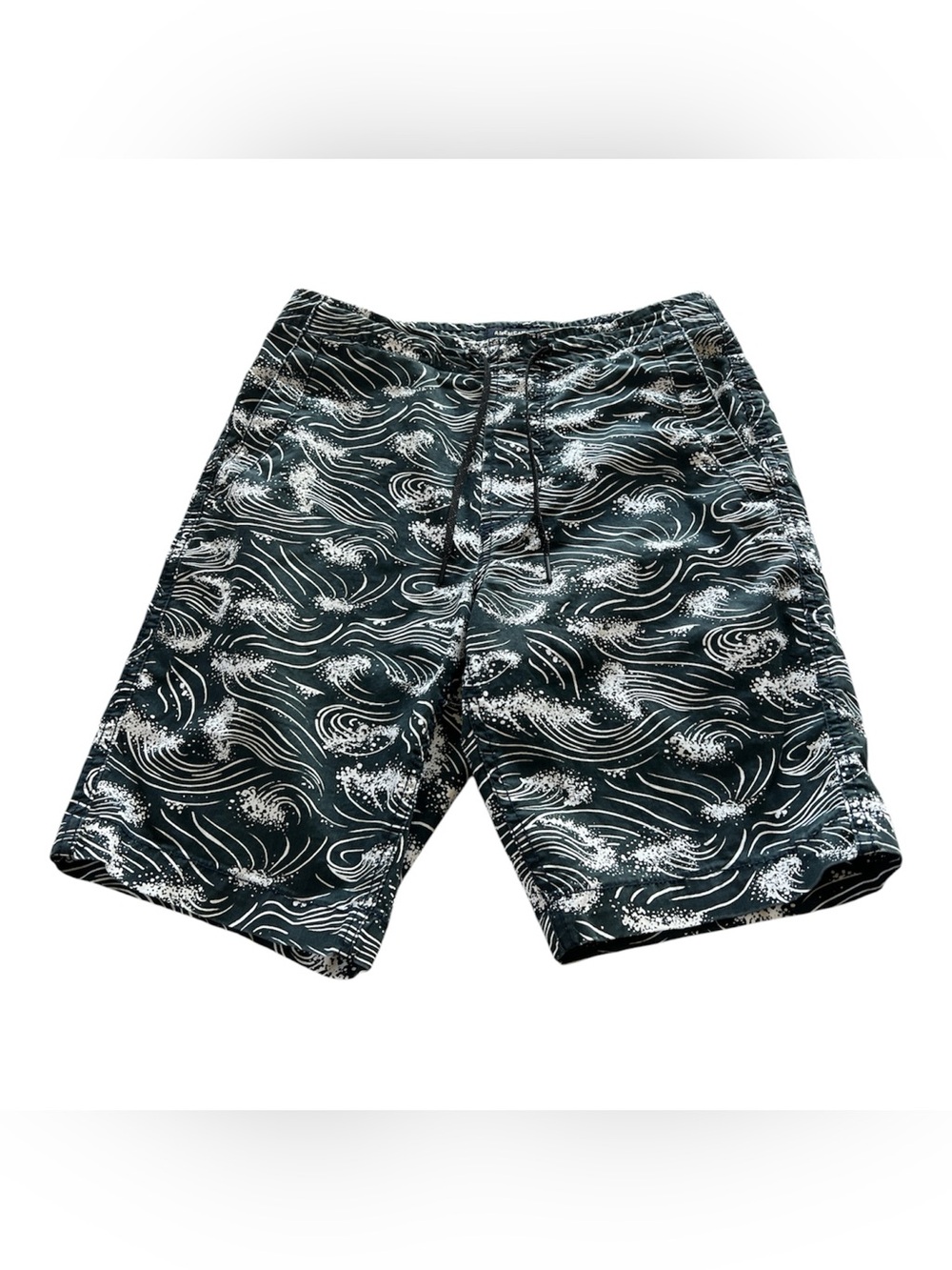 American Eagle Outfitters Men Black Swim Board Shorts with White Wave Print